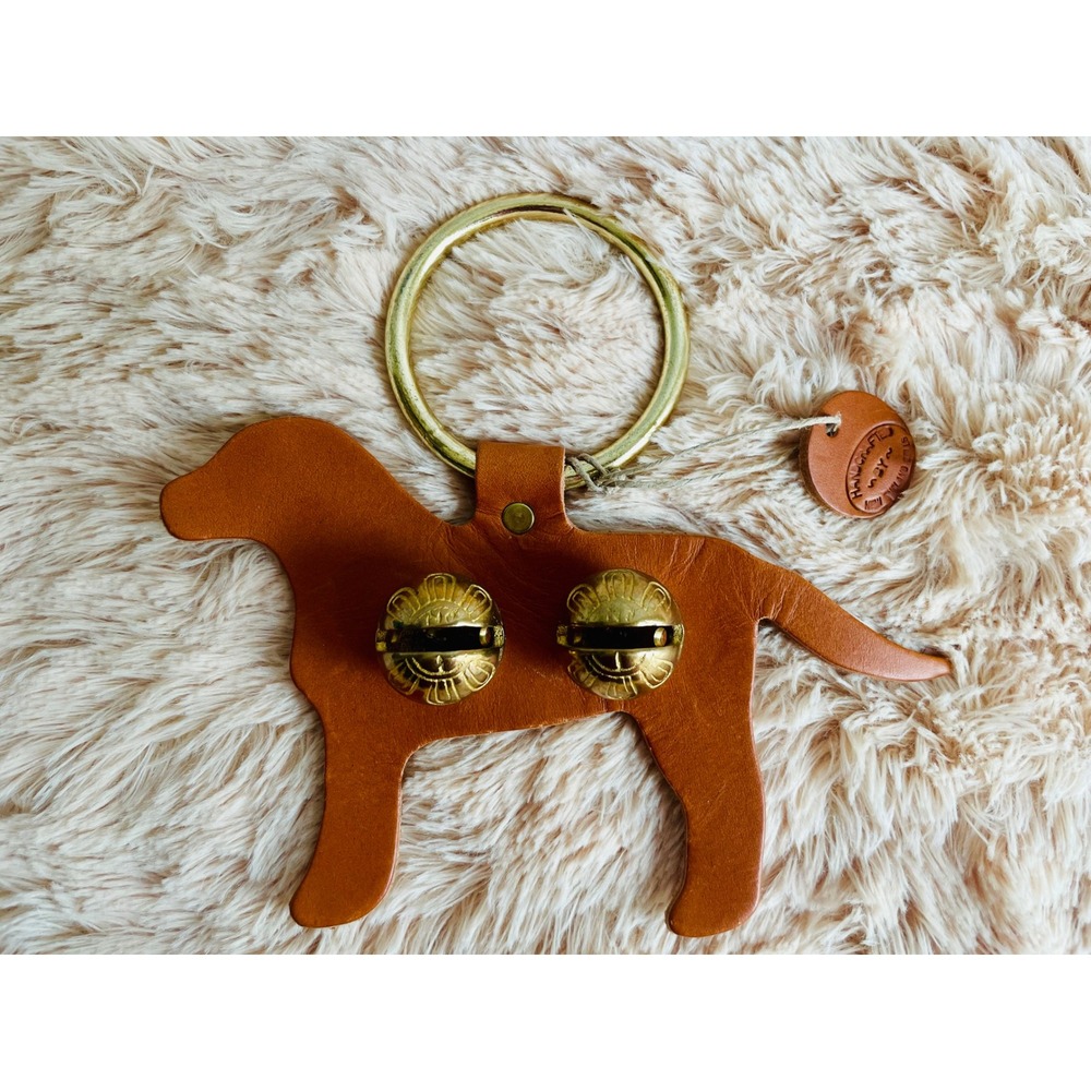 New England Bells Leather Dog Door Hanger Brass Sleigh Chimes Brown Handcrafted